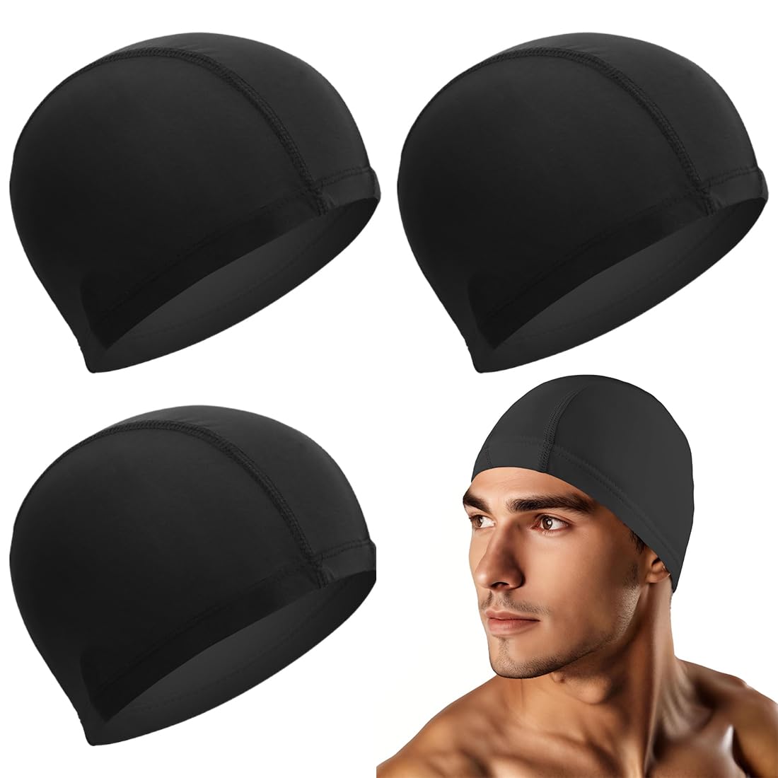 3 cuffie da nuoto, comode e resistenti cuffie da nuoto unisex, cuffie da nuoto in tessuto elastico nero per adulti, per uomini e donne, cuffie da nuoto e fitness