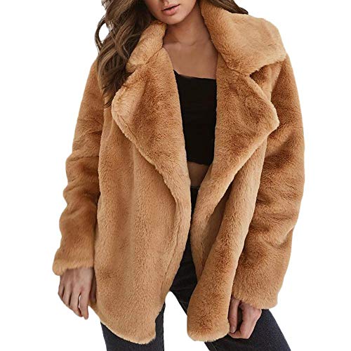 HGWXX7 Women's Winter Warm Solid Lapel Coats Open Front Jacket Faux Fur Overcoat Outwear Brown