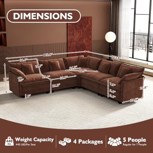 Image of Ihanherry 114 inch V-Shaped Modern Sofa Modular Sectional Luxurious and Comfortable with Corner Section, 5-Seat Chenille Deep Seat Sofa with 5 Pillows for Living Room, Bedroom and Apartment, Brick Red