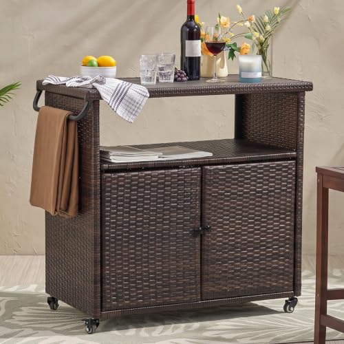 Andehomy 35.2" Outdoor Wicker Bar Cart with Storage Cabinet, Brown