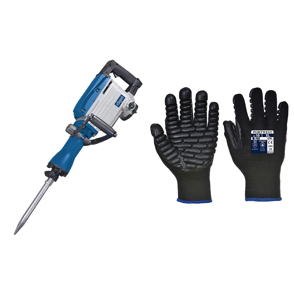Marteau de Démolition, 1600W, 230V, 50hz, 50J & Portwest A790 Gants anti-vibrations Noir Taille L