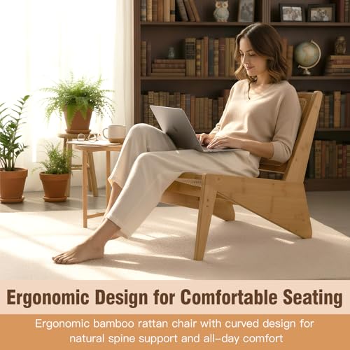Welnow Mid Century Rattan Accent Chair, Bamboo Wood Lounge Chair with Woven Cane Backrest, Low Armchair for Living Room, Bedroom, Balcony or Reading Corner, Natural - view 3
