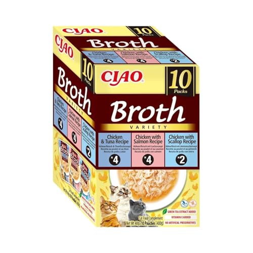 INABA CIAO Brodo di Pollo per Gatti in 3 Gusti, Cibo Umido per gatti con Straccetti di Pollo, Salmone, Tonno e Capesante - 10 Buste x 40 gr - Senza Conservanti o Coloranti Artificiali