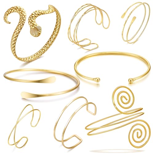 YVVLEE 8PCS Gold Silver Arm Cuff Jewelry for Women Arm Layered Cuff Gold Bangles Adjustable Coil Swirl Armlet ArmBand Stackable Jewelry Minimalist Coil Arm Armband Set