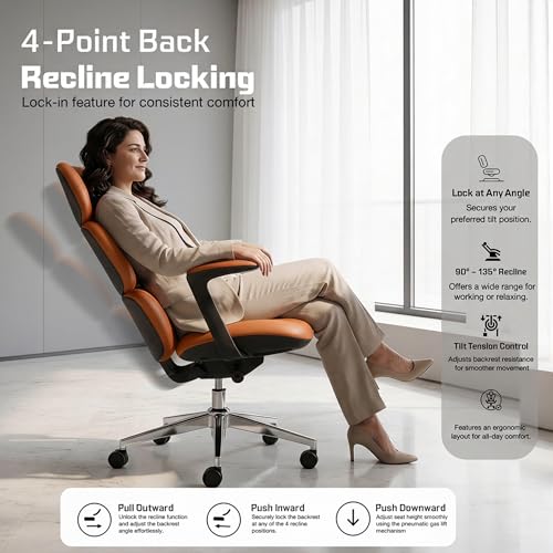 Image of DROGO Cloud Ergonomic Office Chair for Work from Home | Premium Vegan Leather with 3-Section High Backrest Cushion | Computer Chair with 4 Recline Tilt-Lock Positions & Heavy Duty Metal Base (Orange)