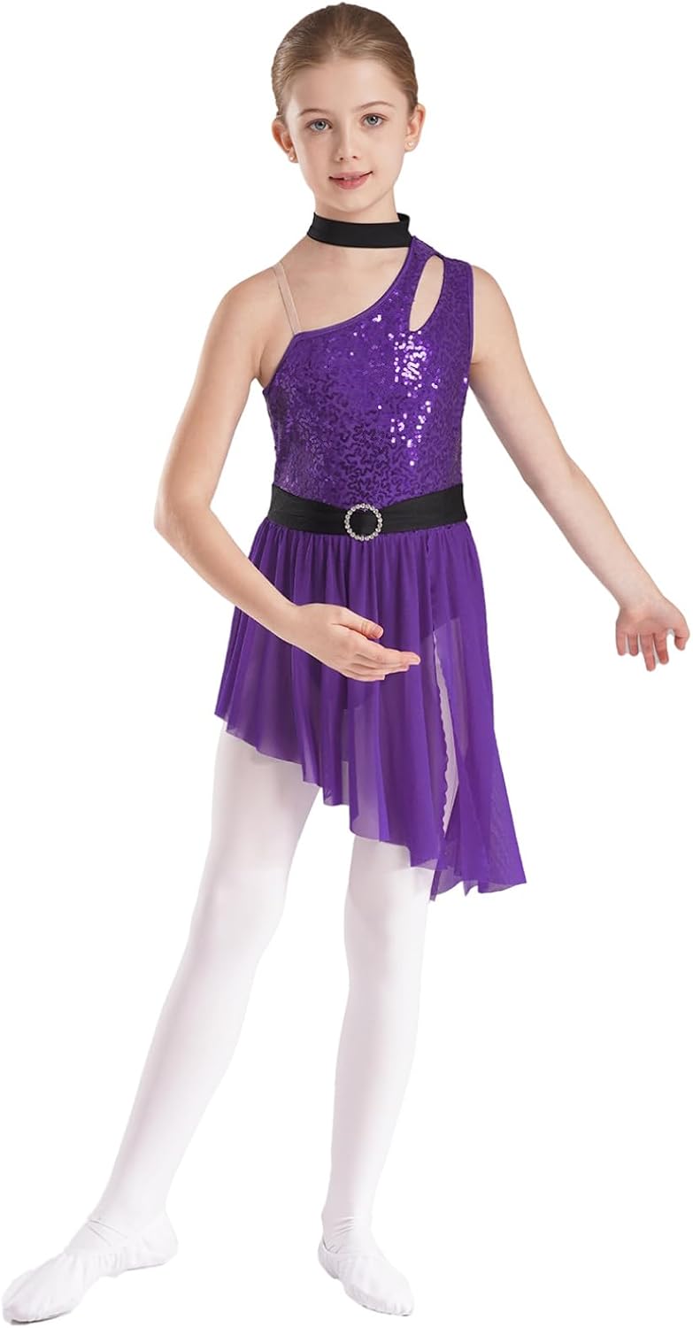FEESHOW Girls Ballet Lyrical Dance Dress Shiny Sleeveless Cutout Back Leotard with High Low Skirt Dancing Costumes