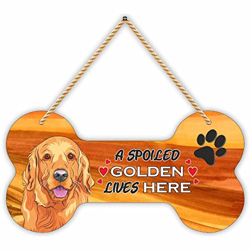 Image of CVANU MDF Wooden Pet Dog Sign Plaque Bone Design A Spoiled Golden Lives Here Animal Love Sign Board, Name Plate for Dog House Golden, Size(10x5) inch