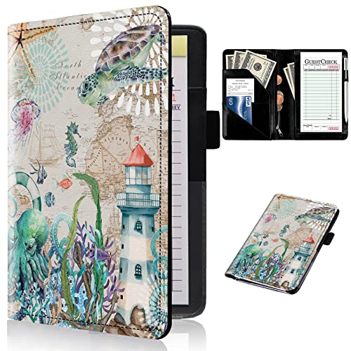 Server Book Organizer with Zipper Pocket - Leather Waiter Waitress Book Server Money Organizer Wallet, Restaurant Guest Check Book Holder Presenter Fit Serving Aprons, Ocean Turtle Canvas
