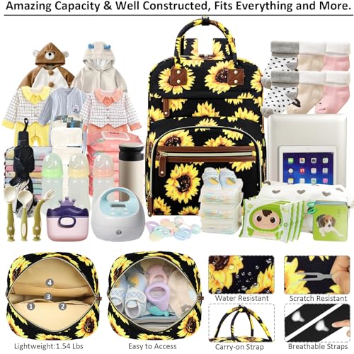Image of Tenot Diaper Bag Backpack Tote for Women Large Capacity, Baby Bag with Insulated Pockets Multifunctional Diaper Bags For Baby Girl Boy Waterproof Baby Bags For Boys Girls Mama Maternity Bag Sunflower