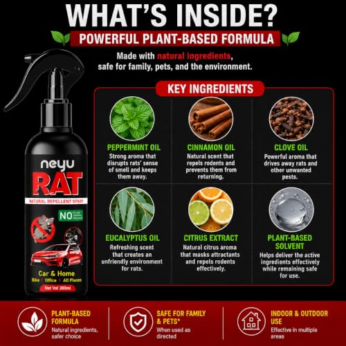 Image of NEYU Rat Repellent Spray for Car Engine & Wiring | Anti Rat Spray for Car, Bike & Home | Mouse & Rodent Protection | Natural Herbal Formula | Non Toxic | Chemical Free | 200ml (1 Piece)
