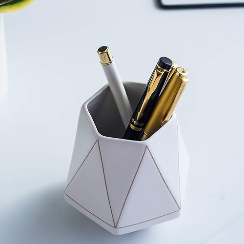 Miniatura 3 de YOSCO Escritorio de cerámica lindo titular de la pluma soporte línea oro lápiz taza olla escritorio organizador maquillaje cepillo titular (blanco)