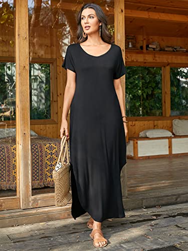 Celmia Womens Casual Short Sleeve Tshirt Dress Pockets Side Slit Maxi Dresses A-Black #TOP2