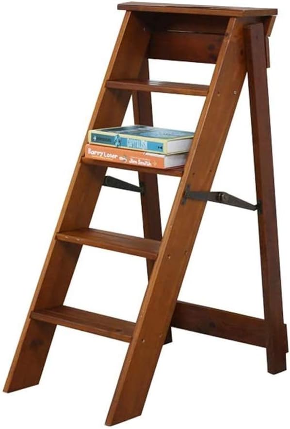 Wood Folding Ladder Chair Rack for Adults Multifunction Home Kitchen Dual use Moveable Stairs 5 Steps Ascending Stool Black Natural Color