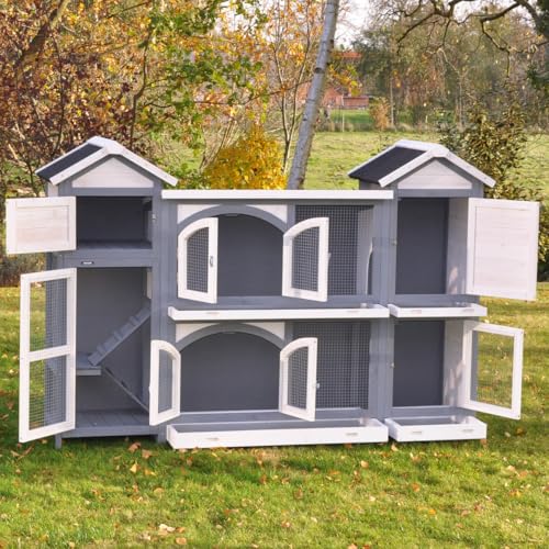nanook Kaninchenstall, Hasenstall Castle XXL mit seitlichen Aufgängen für mehr Platz - wetterfest - Staufach - extragroß 181 x 43 x 127 cm grau/Weiss