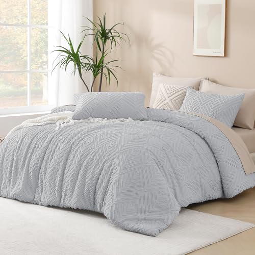 Image of Andency Light Grey Boho Queen Comforter Set, Lightweight Fluffy Bedding Comforter Sets for Queen Bed, 3 Pieces Tufted Farmhouse Shabby Chic Bed Set for All Seasons (1 Comforter 90x90In, 2 Pillowcases)