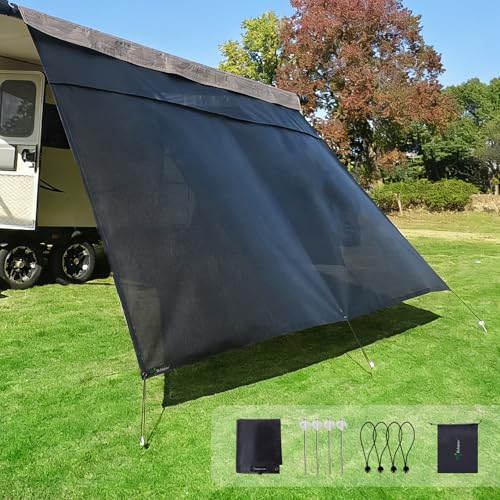 Dulepax RV Awning Shade Screen with Zipper 8'X15'3'' -Second Generation RV Awning Screen Significantly Improves Shadew and Privacy.Universal RV Awning Sun Shade Screen with Complete Kits