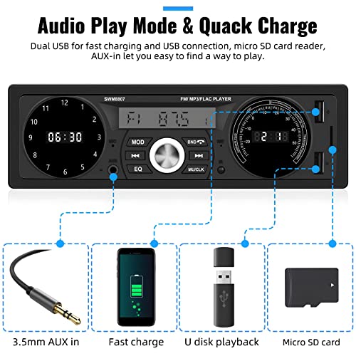 Unitopsci Single Din Bluetooth Car Stereo Car Mp3 Player Multimedia Audio Receiver, Fm/Am Radio, Hands-Free Call, Auxiliary Audio/Usb/Tf Card Input, Fast Charge Lcd Digital Display+ Remote Control #TOP6