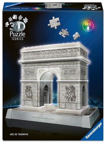 Ravensburger - Puzzle 3D Arc de Triomphe Lumineux - Monument à Construire sans Colle - 216 Pièces - Socle LED Multicolore - Dès 10 Ans - Lampe Déco -...