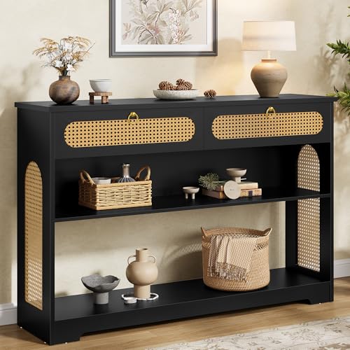 Hoctieon Rattan Console Table with 2 Drawers, 3-Tier Boho Woven
