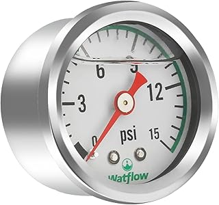 Watflow 0-15psi 1.5" Dial Size, 1/8" NPT Center Back Connection, Durable Stainless Steel Material, 3-2-3% Liquid Filled Fuel Pressure Gauge for Water Oil Air Pressure Test.