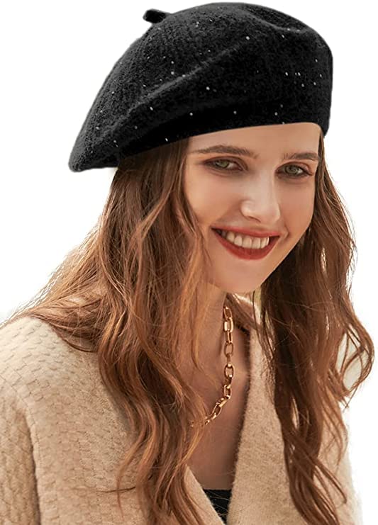 Ladies Wool Starry Sequins Beret hat French Solid Color (Black)