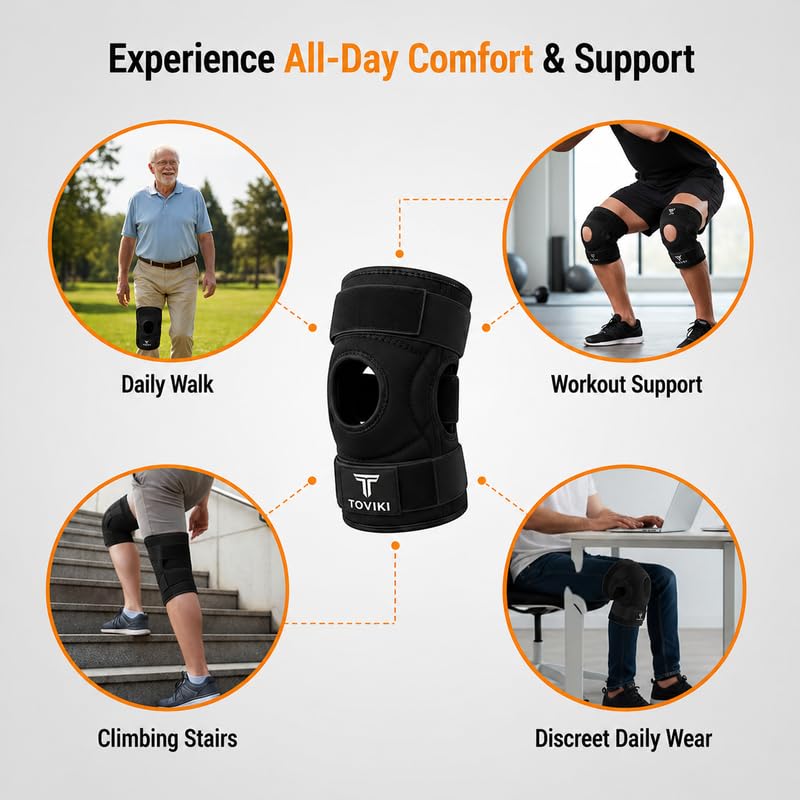 Image of 2 Pc Knee Brace for Men & Women | Adjustable Hinged Knee Cap for Knee Pain Relief | Open Patella Neoprene Knee Support for Gym, Sports & Arthritis | Knee Brace for Ligament Tear | Universal Size (Black)