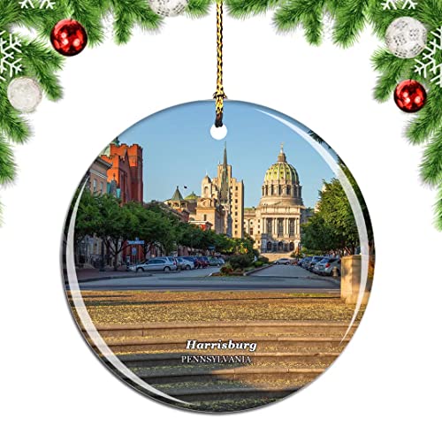 Weekino Harrisburg Pennsylvania State Capitol Pennsylvania USA Décoration de sapin de Noël Décoration à suspendre Décoration de ville Collection de souvenirs de voyage en porcelaine double face 7,2 cm