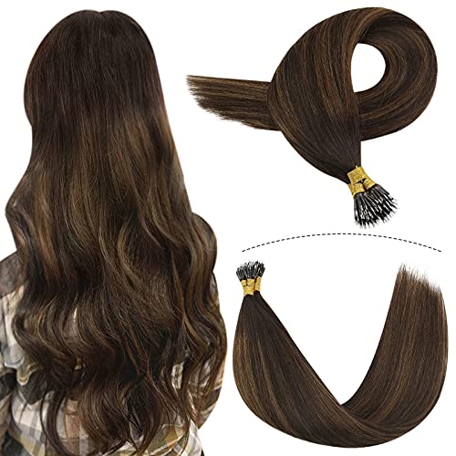 YoungSee Balayage Nano Tip Extensions Dark Brown Roots to Medium Brown with Golden Blonde Fusion Nano Ring Human Hair Extensions Straight Nano Ring Hair Extensions 14inch 50g/50s
