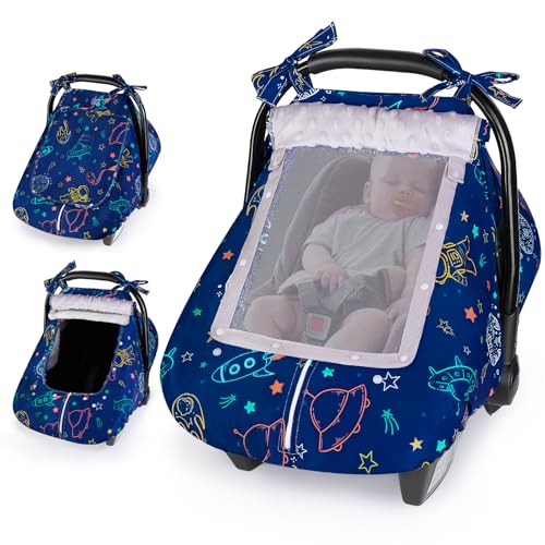 Image of FIOBEE Baby Car Seat Cover, Car Seat Covers for Babies Infant Car Seat Canopy with Breathable Mesh Window Waterproof Carseat Cover for Babies Boy Girl 4 Seasons, Blue/Rocket