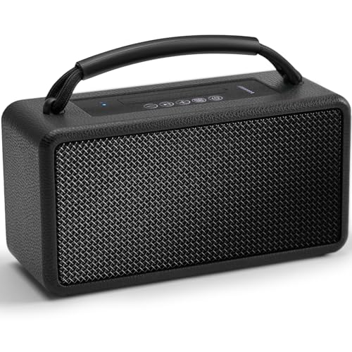 Image of DINDIN Portable Bluetooth Speaker: 80W (Peak), 20H Playtime, Loud Wireless Wood Speakers with Bass, AUX and USB Input, Subwoofer, TWS Pairing, Vintage Speaker for Outdoor, Home, Office (Black)