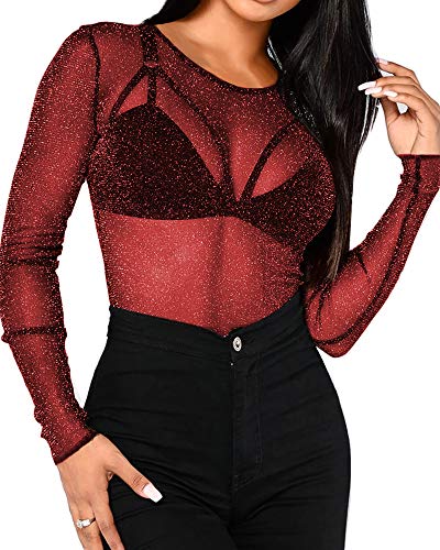 Bellelovin Women's Long Sleeve Glitter Mesh Tee Tops Sexy Night Out Blouse (Red-Round Neck, Small)