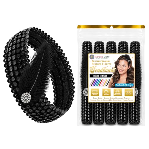 Mandala Crafts Black Glitter Sequin Headbands with Ostrich Feather Flapper for Women – Elastic Sparkle Bands for Disco, Dance, Carnival Party, or Costume Accessories