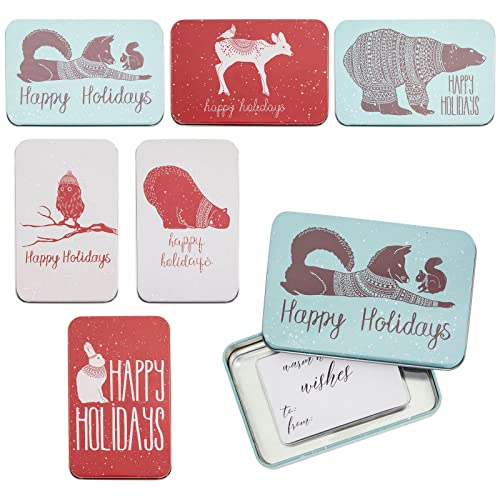 Juvale 6 Pack Tin Christmas Gift Card Boxes With Lids for Stocking Stuffers, 6 Winter Animals Designs (5 x 3.25 In)