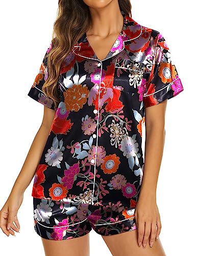 Image of Ekouaer Silk Pajamas for Women Short Sleeve Sleepwear Soft Button Down Loungewear 2 Piece Satin Pjs Shorts Set,Floral Black,S