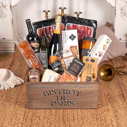 CESTA DE NAVIDAD - LOTE 380-25 / con vinos, cava reserva, ibéricos, queso curado, foie gras, aceite virgen extra y dulces artesanos en cajón de nogal bistró