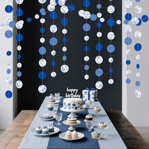Image of Blue White Floral Party Decoration Dusty Blue Circle Dot with Floral Printed Polka Dots Garland Streamer for Chinoiserie Birthday Wedding Shower Engagement Bachelorette Party Decorations Supplies