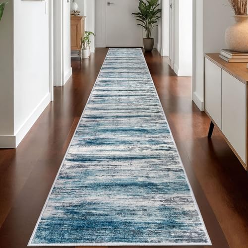 KOZYFLY Modern Abstract Hallway Runner Rug, 2.6x18 Washable Rug Runner Non-Slip Soft Striped Kitchen Runner Rugs, Print Distressed Blue Carpet Runner for Entryway Bathroom Laundry Room Foyer