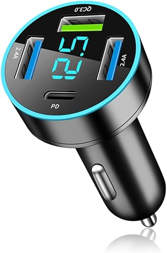 Cargador rápido de coche de 4 puertos, pantalla de voltímetro actualizado PD+QC3.0 adaptador de cargador de coche para enchufe de encendedor de