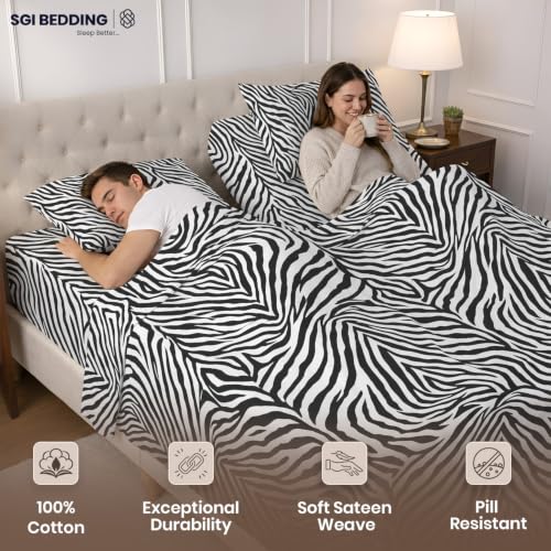 Image of SGI Split King Sheet Set for Adjustable Bed Egyptian Premium Cotton 600 Thread Count Sheets for Sleep Number Bed 15 inch Deep Pocket 5 Pc Set with 2 Twin XL Fitted Sheets Soft Breathable -Zebra Print