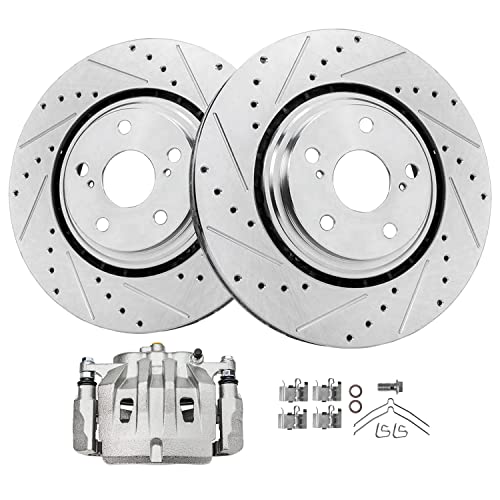 Image of Detroit Axle - Front Drilled Rotors & Left Brake Caliper Replacement | for Toyota Highlander Lexus RX350 NX300 NX300h RX450h NX200t - 3pc Set