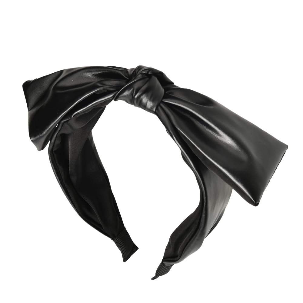 YangQian Faux Leather Bow Headband for Women - Black Knotted Wide Hair Hoop With Bow on Top - Fashion Accessories for Girls