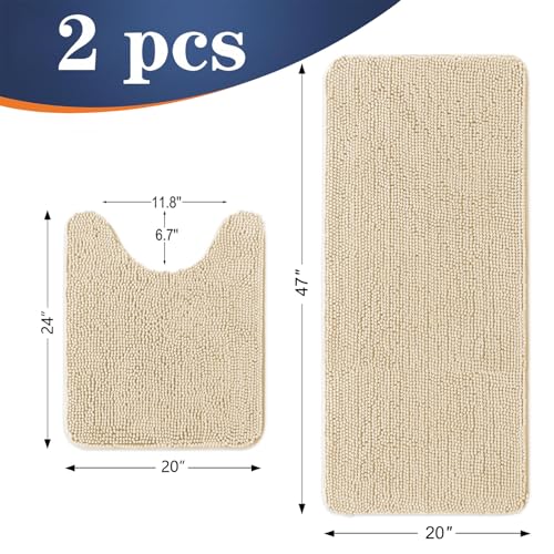 Image of OLANLY Bathroom Rugs Sets 2 Piece, Soft Absorbent Chenille Bath Mats and U-Shaped Contour Toilet Mat Area Rug Set, Machine Washable Bath Carpet, Home Decor Accessories(47 inchx20 inch+24 inchx20 inch, Beige)