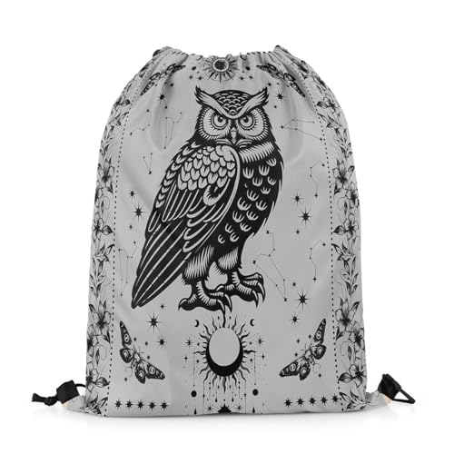 Castle Fairy Owl Drawstring Backpack 13"X16" Boho Gray Black Sackpack for Gym Sports Wild Animals Flower Galaxy Water Resistant String Bag for Women Men3