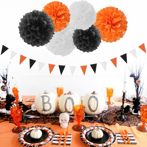 Image of Orange-Black White Party-Decorations Paper-Flowers Lanterns - 15PCS Halloween Tissue Pom Poms Streamers,Vintage Baby Bridal Shower Birthday Bachelorette Wedding Hanging Supplies Decor Hugfond