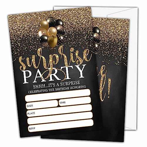 Shhh It's A Surprise Birthday Invitations, Surprise Theme Birthday Party Invitations for Boys Girls Kids, Black and Gold Balloons Fill In Birthday Party Invites, 20 Invitations with Envelopes (D02)