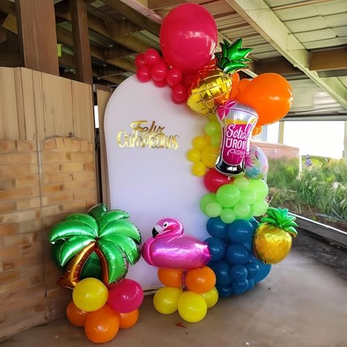 Image of 141 Pcs Rainbow Neon Balloon Arch Kit, Hot Pink Lime Green Orange Slate Blue Yellow Hawaiian Summer Tropical Balloon Garland for Hawaiian Luau Aloha Birthday Pool Back to School Party Decorations