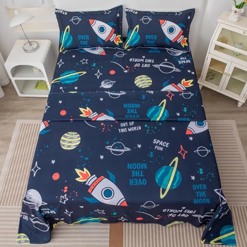 Megamayga Space Sheets Twin Size for Boys - 4 Piece 3D Rocket Planets Bedding Set With 1 Fitted Sheet, 1 Flat Sheet, 2 Pillowcases - Outer Space Theme for Kids and Teens