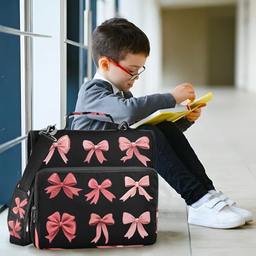 Image of 3 Ring Zipper Binder with Shoulder Strap Pink Red Bow Black 1.5 inch Binders Keeper Large Capacity Multi Pockets for School Office Supplies
