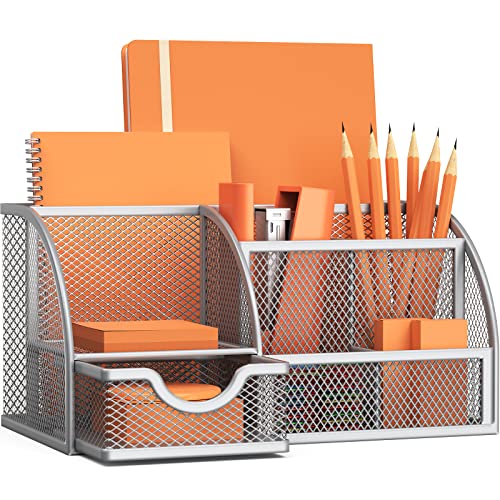 Pipishell Schreibtisch Organizer, Mesh Metall Büro-Organizer mit Schublade und Stifthalter, 6 Sortierfächer für Stifte, Hefter, Ordnerklammern, Haftnotizen, Platzsparendes Desk Organizer