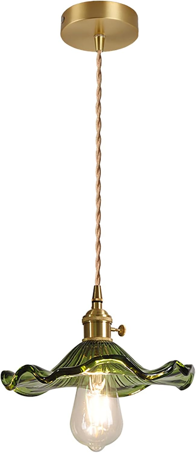 Retro Farmhouse Green Glass Round Pendant Light Fixtures Gold Brass Switch and Copper Finish E26 Pendant Chandelier for Kitchen Island(Green)